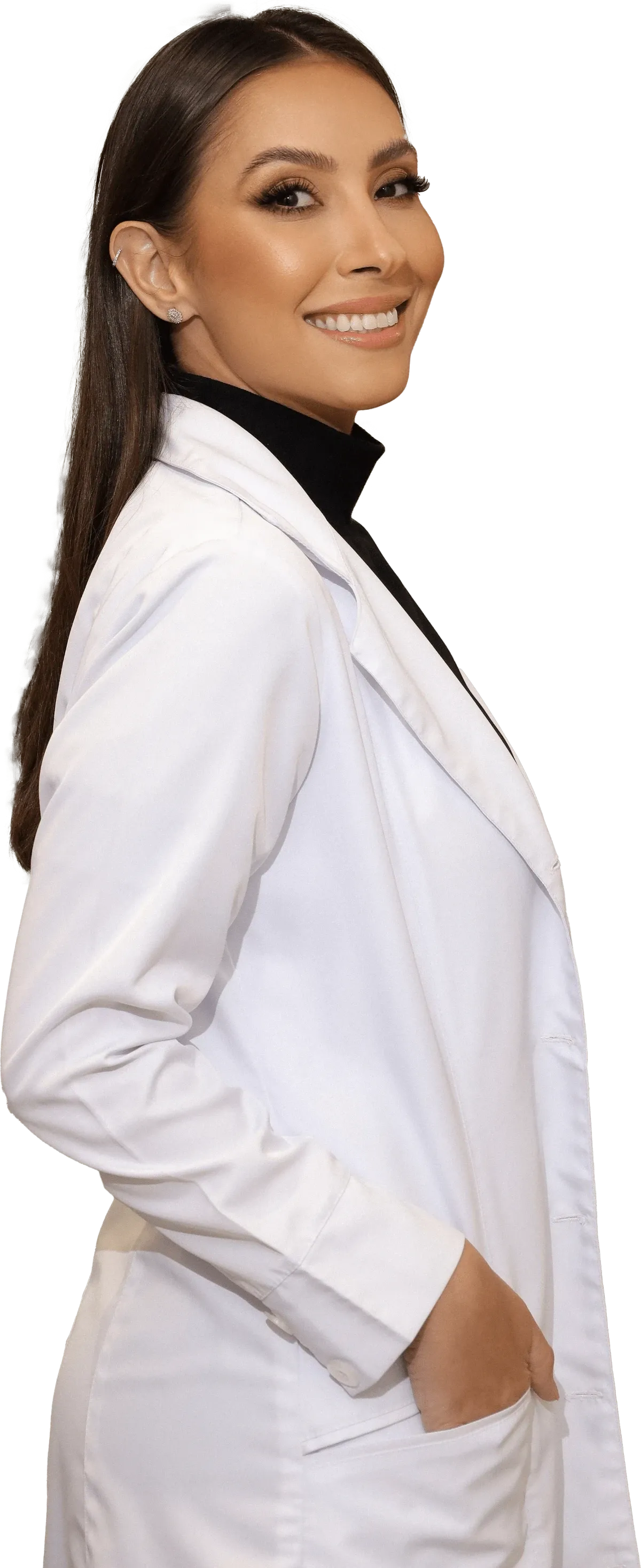 Dra. Mariella Fiorotto, de jaleco branco, sorrindo
